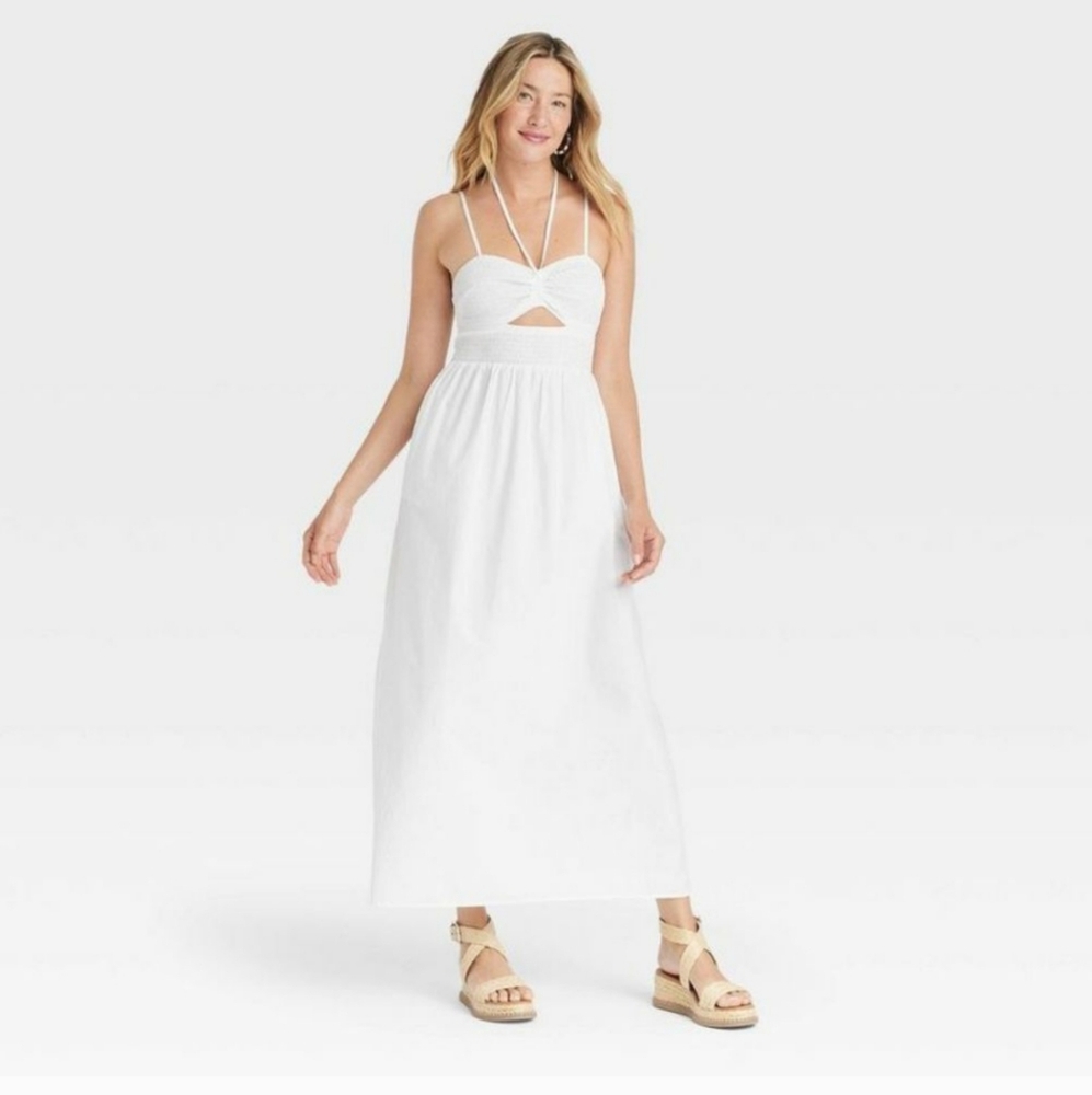 100% Cotton Smocked Bodice Maxi Dress with front cutout, Size XS